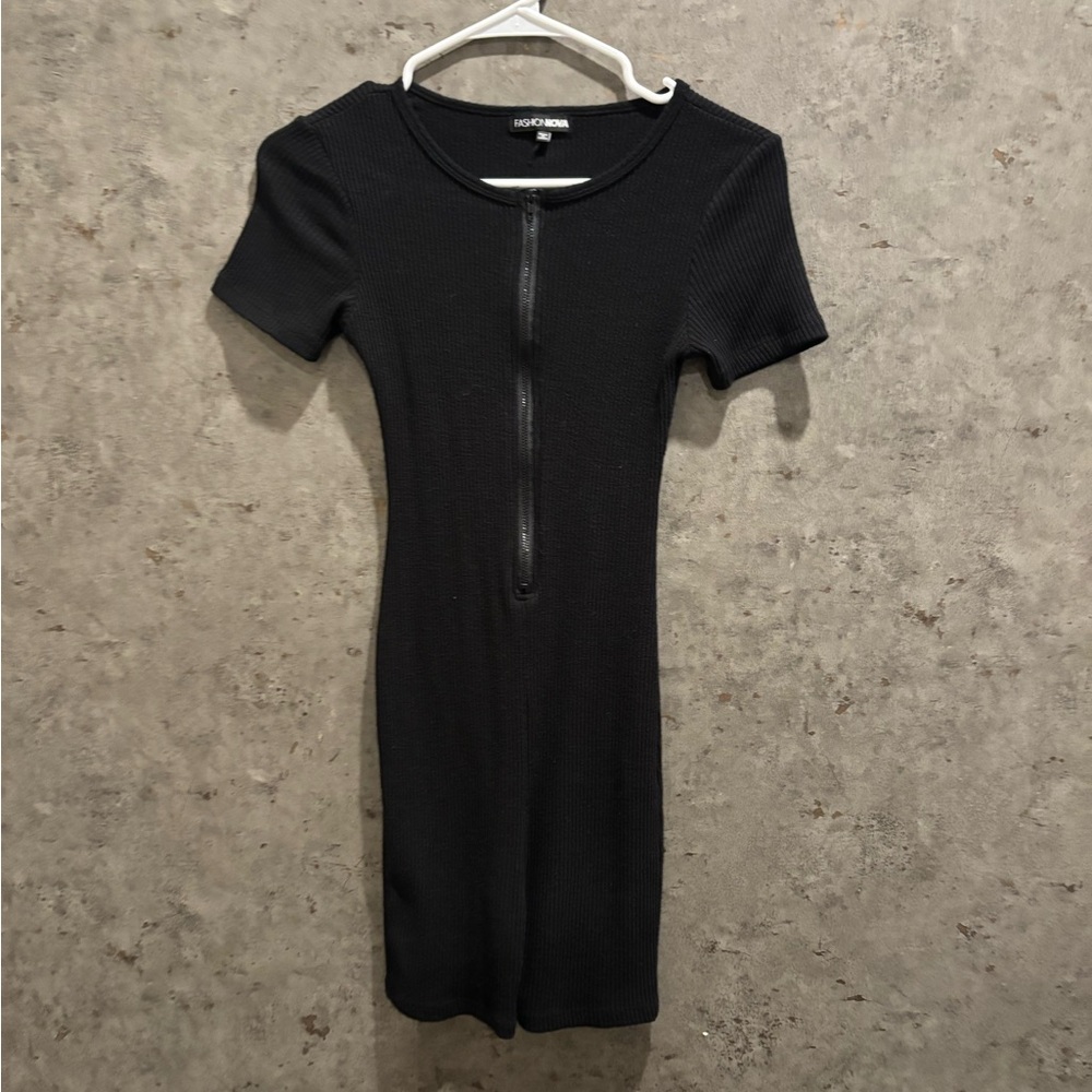 Black Ribbed Shorts Jumpsuit with Front Zipper
